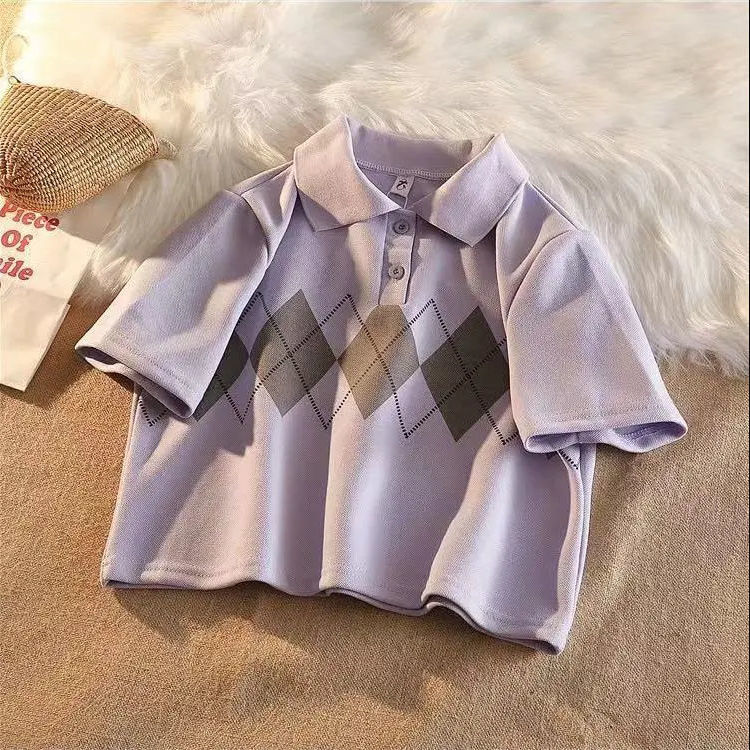 Retro short rhombus trend female summer ins new sweet and spicy thin polo collar short-sleeved student T-shirt top clothes