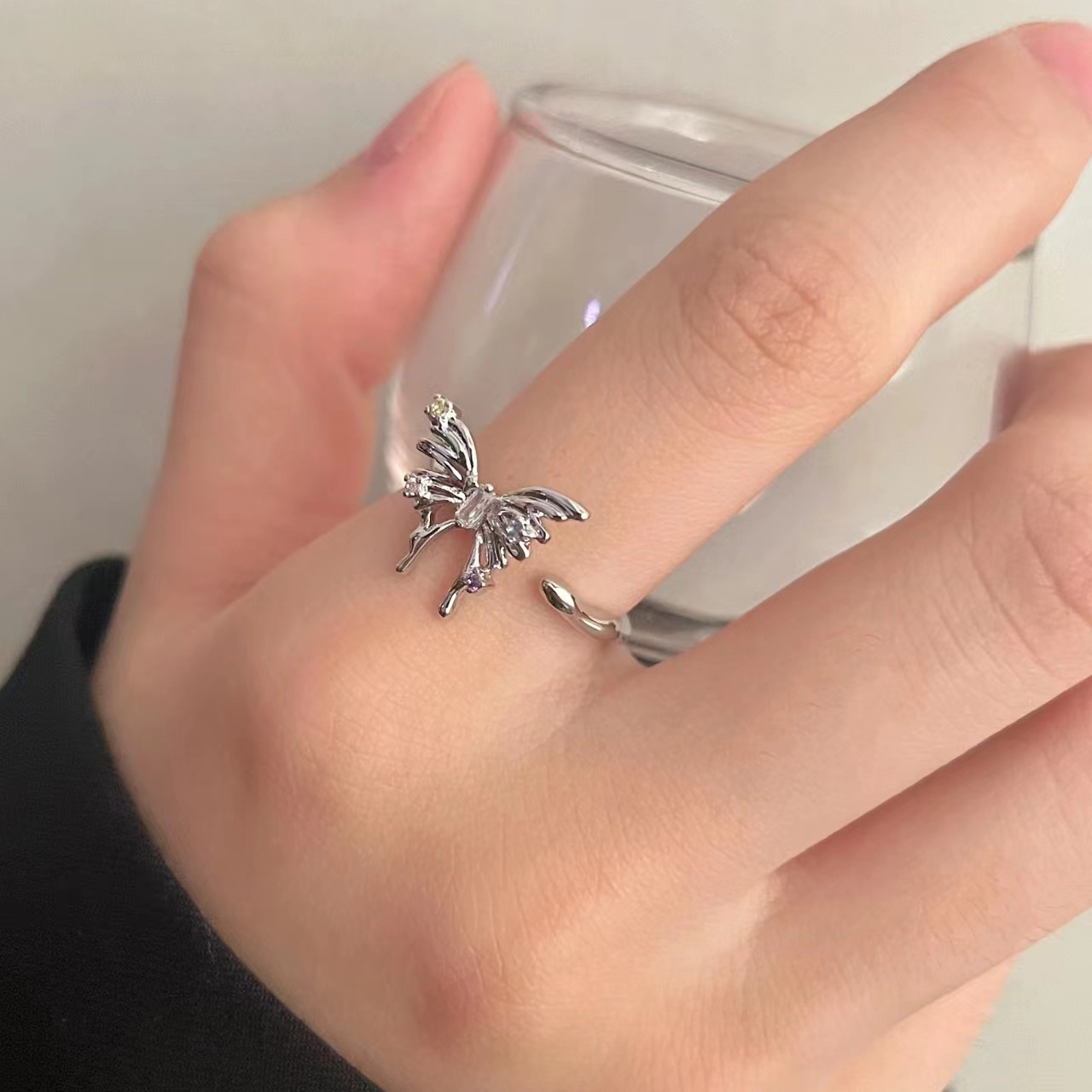 冷淡风~银色液态蝴蝶锆石戒指女小众设计ins食指戒高级感开口指环