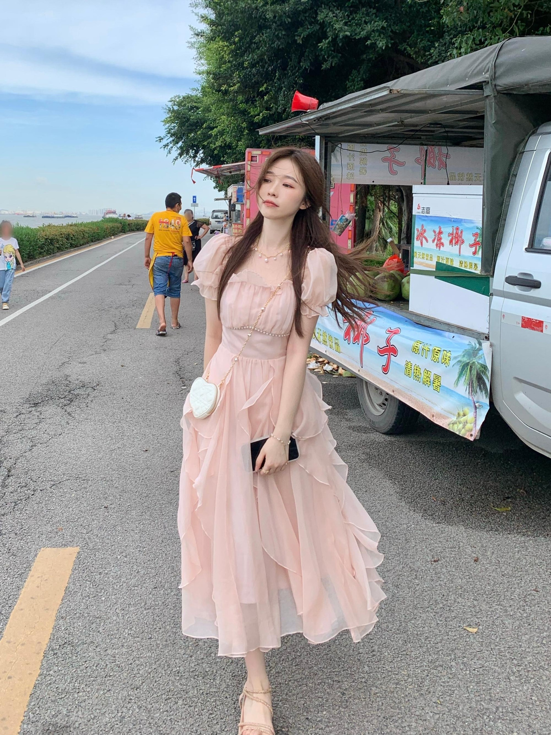 French Tea Break Square Neck Fairy Cake Dress Summer New Puff Sleeve High Waist Pink Temperament Sweet Dress Female