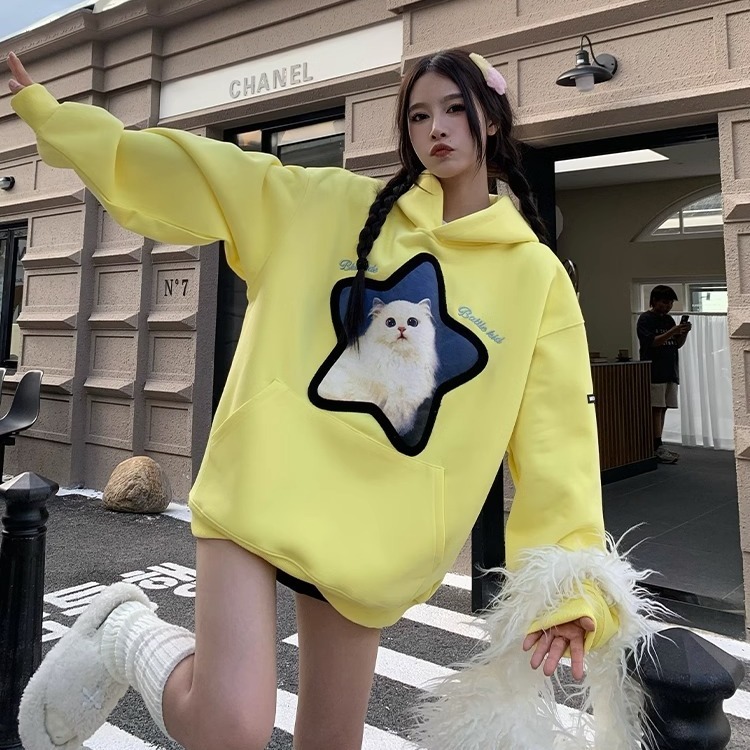 重磅純棉卡通貓咪印花連帽衛衣秋冬季新款國潮情侶帽衫中長款上衣