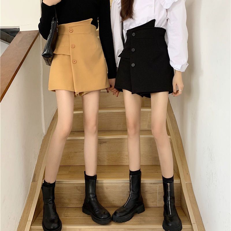 Autumn and winter new irregular tweed short skirt Korean version shows Thin High Waist Wide Leg versatile casual pants