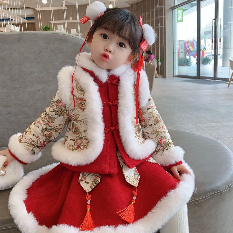 女童漢服冬裝夾棉加厚唐裝中國風小女孩龍年拜年服女寶寶周歲禮服