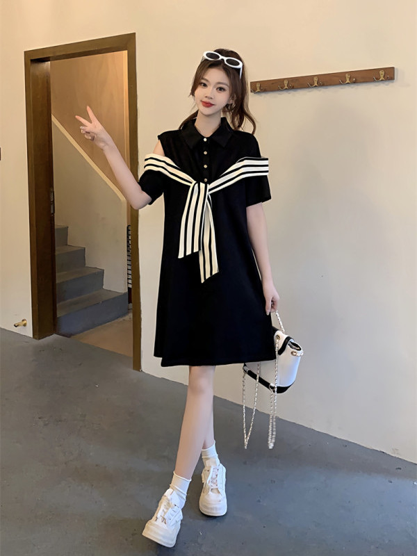 Off-the-shoulder striped stitching POLO collar little black dress fat MM extra large size 300 catties loose belly cover thin dress summer