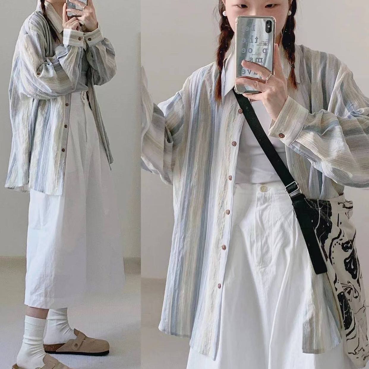 夏季薄款外套韓版通勤條紋襯衫女氣質高級感中長款襯衣防曬衫外搭