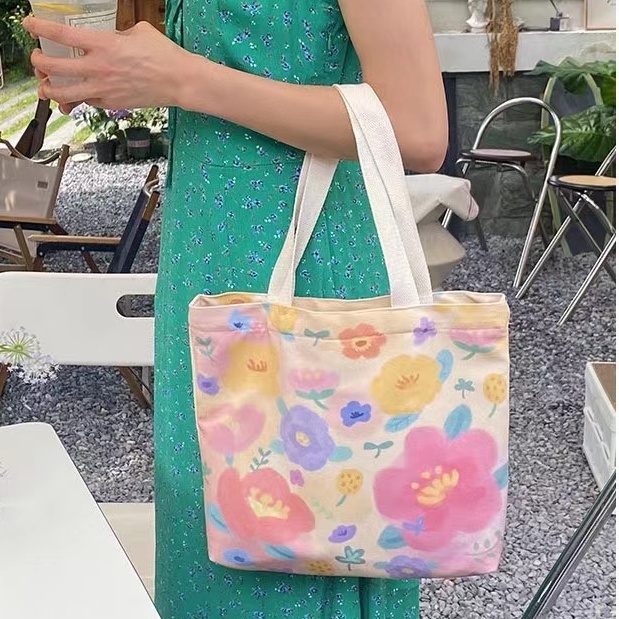 ins high-looking colorful flowers small fresh handbag large capacity women's summer new literary Japanese canvas bag