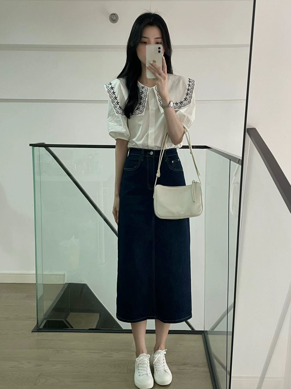 兩件套裝/單件夏氣質減齡泡泡袖娃娃領短袖襯衫女上衣牛仔半身裙
