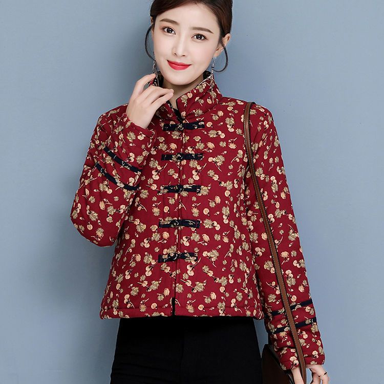 Tang suit floral small padded jacket Chinese style retro buckle warm jacket autumn and winter ethnic style padded thick cotton coat