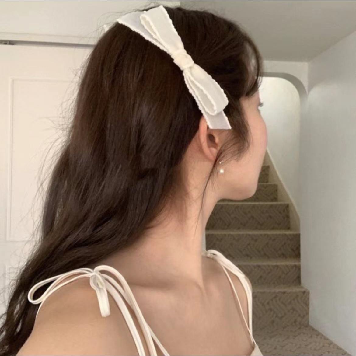 XINQ Pure and Sweet Girl Princess Zhao Lusi Hairpin Organza Qinglong Heart Bow Side Clip Hair Accessories