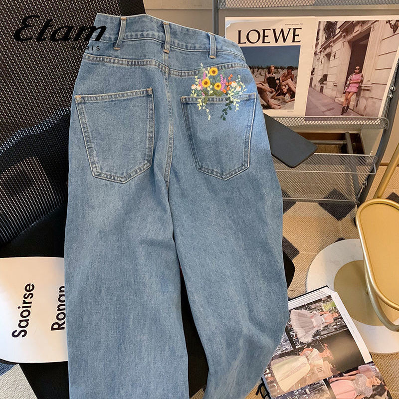 ETAM艾格蓝色复古刺绣花朵牛仔裤女夏季设计感小众高腰直筒阔腿裤