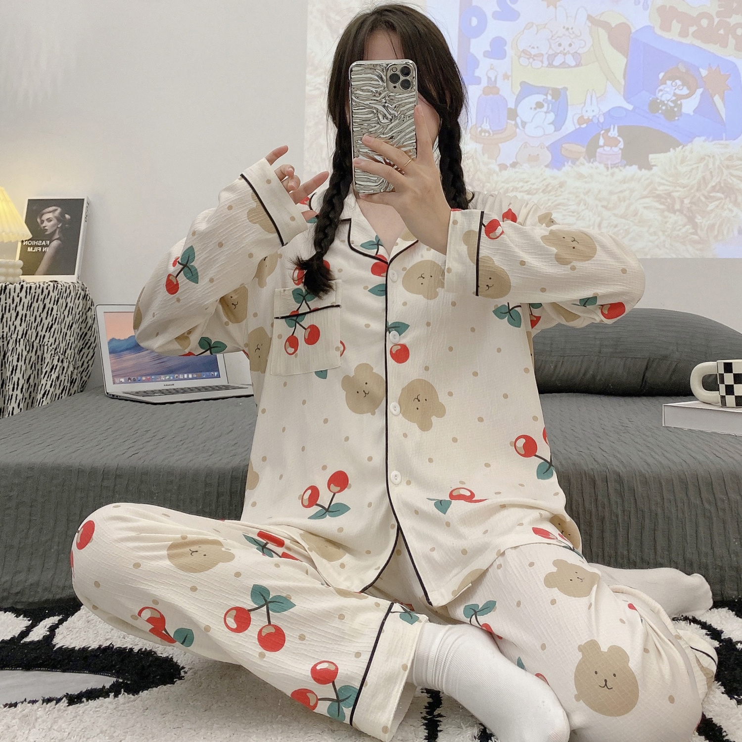 嬰兒感睡衣女秋冬薄款長袖開衫寬鬆舒適網紗甜美少女居家服套裝