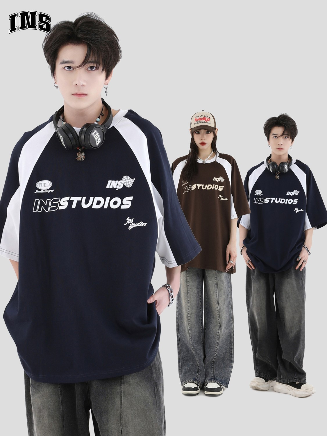 INSstudios 國潮牌情侶美式撞色插肩袖賽車短袖寬鬆拼接純棉T恤男