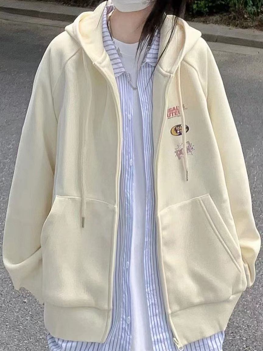 2023新款奶fufu杏色連帽衛衣女時尚高級印花寬鬆顯瘦拉鏈外套開衫
