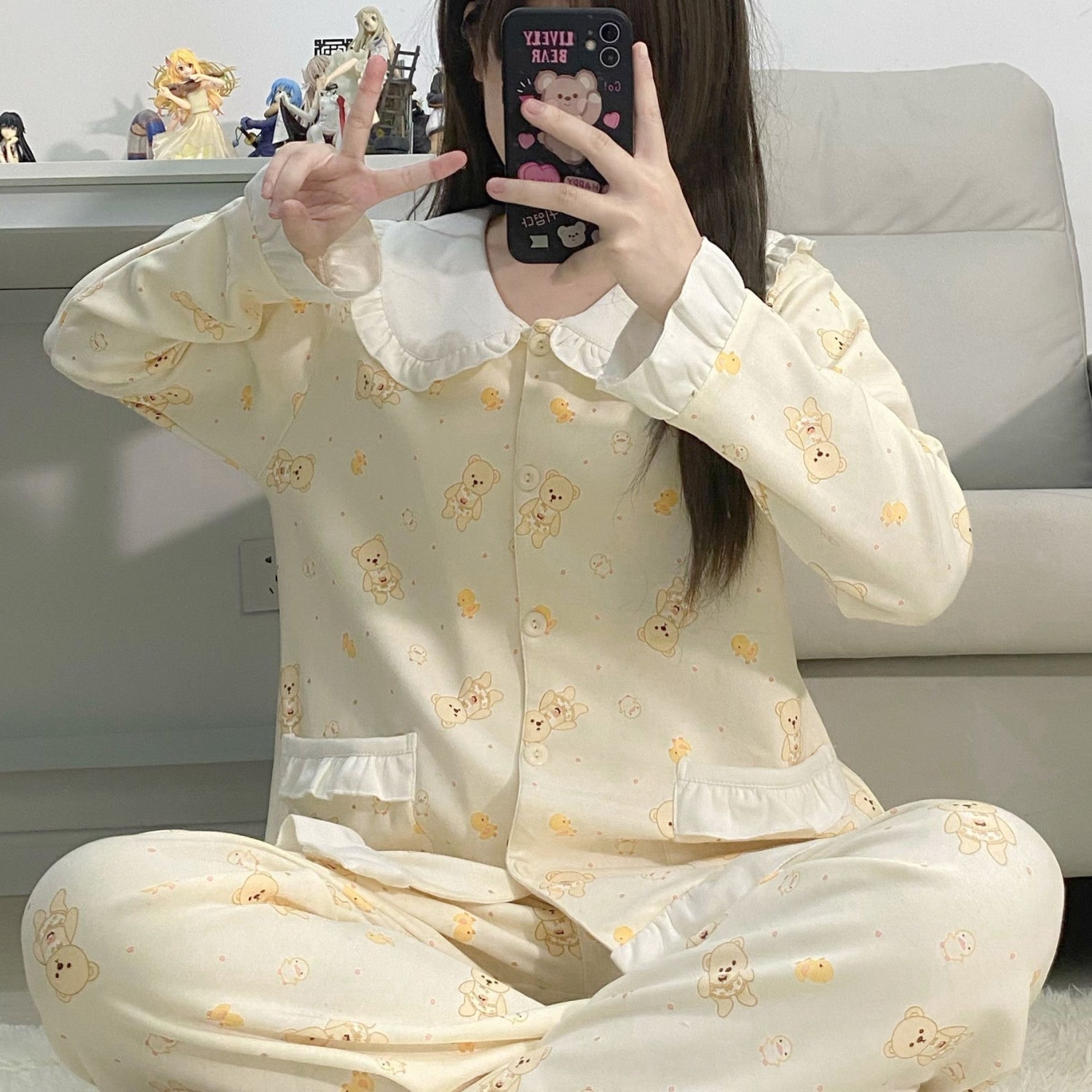 可愛小熊睡衣女春秋新款ins風日系甜美高顏值長袖學生家居服套裝