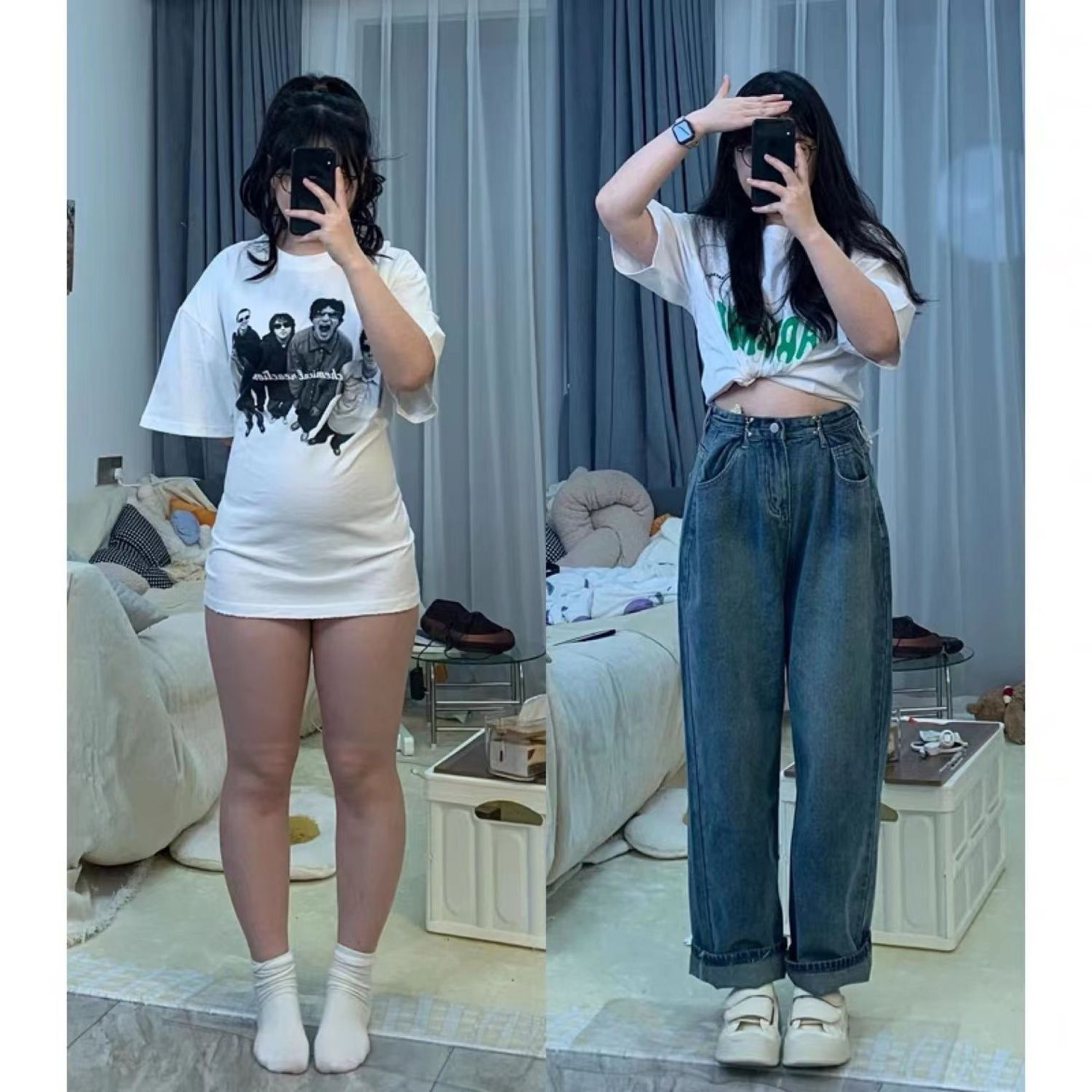 梨形身材闊腿牛仔褲女大碼胖mm高腰寬鬆腿粗顯瘦直筒垂感拖地褲子