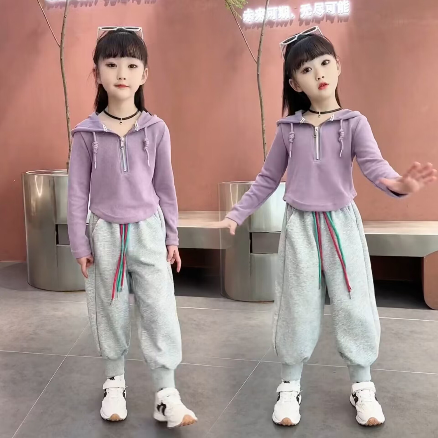 女童春裝套裝2023新款春秋款時髦洋氣兒童中大童連帽衛衣運動衣服