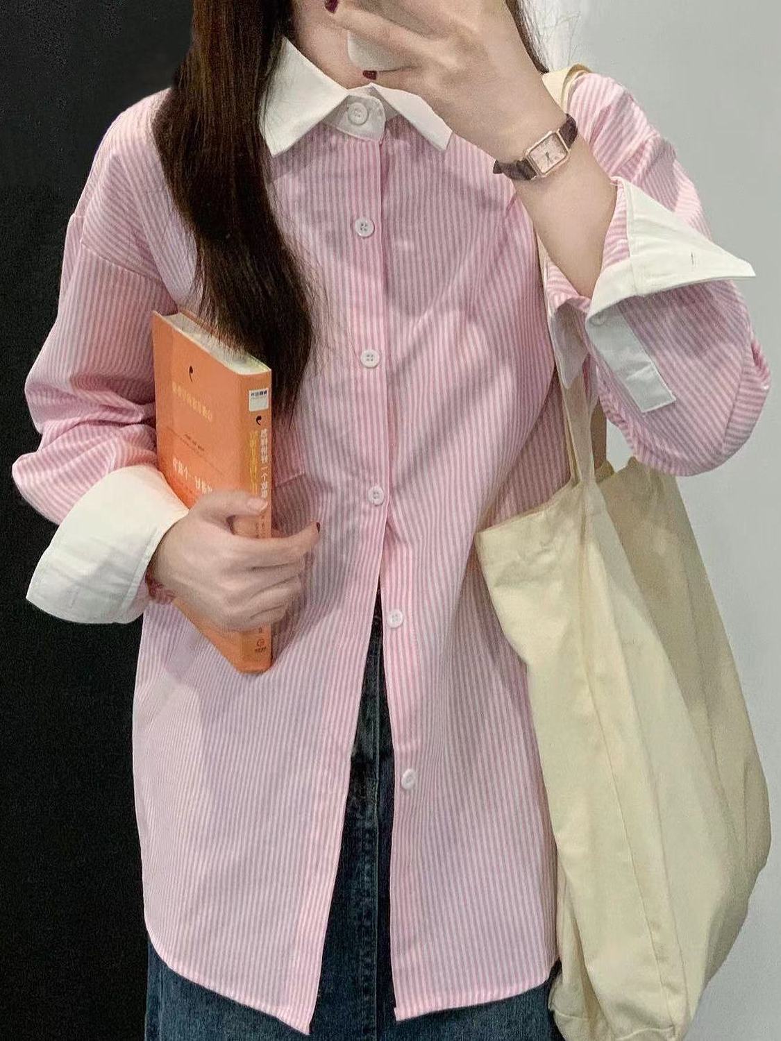 2023新款輕奢粉白色襯衫女通勤簡約寬鬆百搭顯瘦襯衣外搭ins潮流