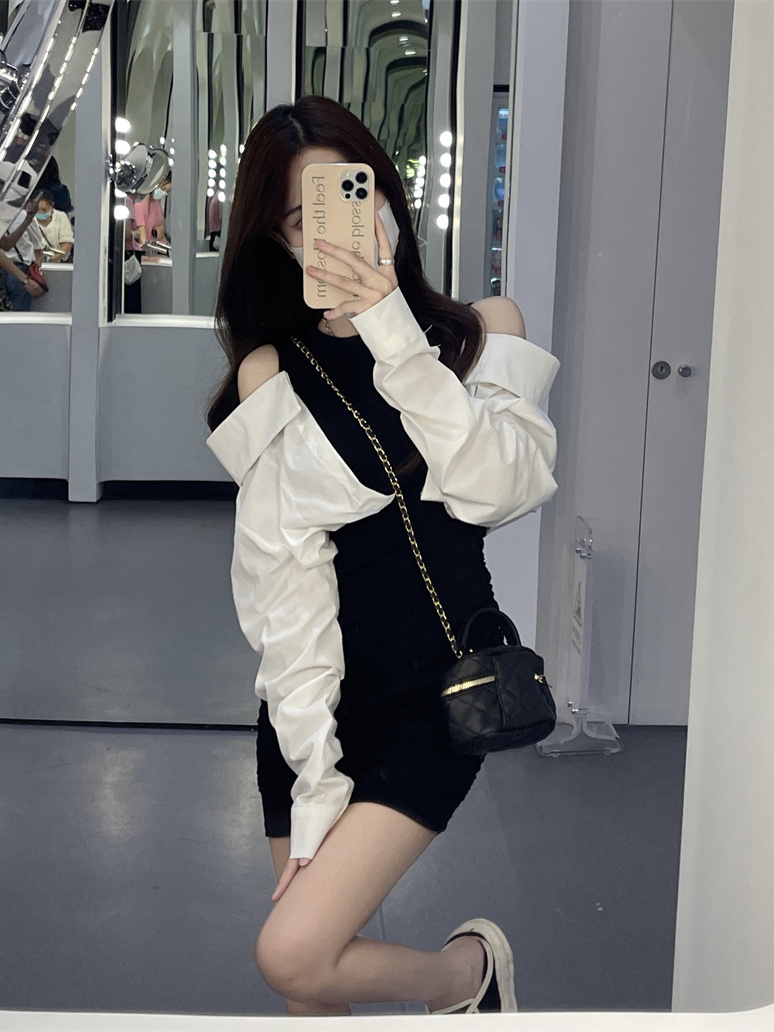Mori first love skirt fake two-piece splicing off-shoulder dress female early spring new design hot girl bag hip short skirt