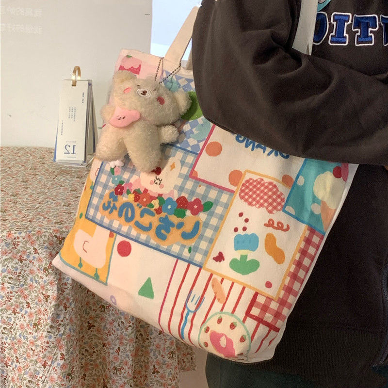 日系塗鴉插畫帆布包女 ins風原宿復古校園風學生手提單肩包上課包