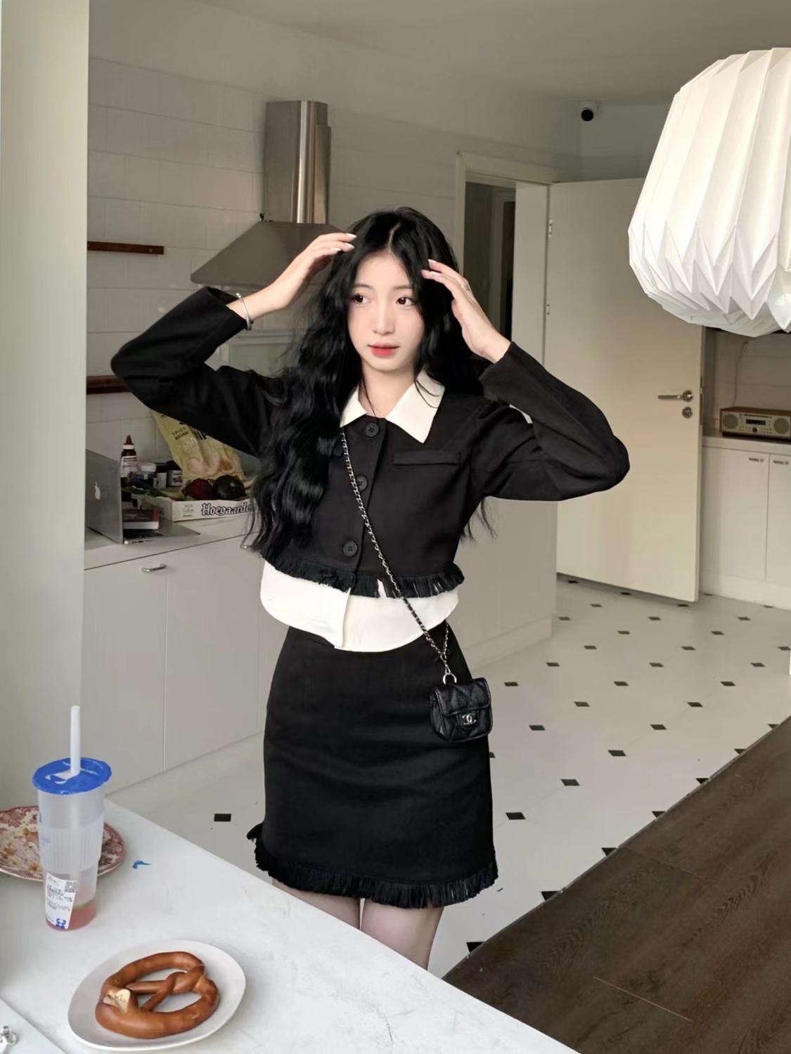 [Oolong Vodka] Retro Black Short Jacket + Skirt Set Women's Autumn and Winter Thickened Two-piece Set