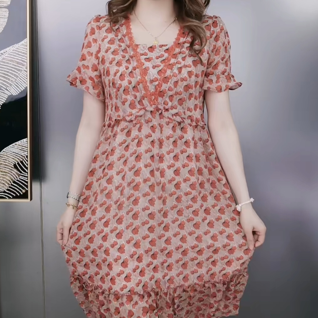 喬其紗時尚輕奢連衣裙女2023夏季新款洋氣減齡顯瘦法式短袖裙子