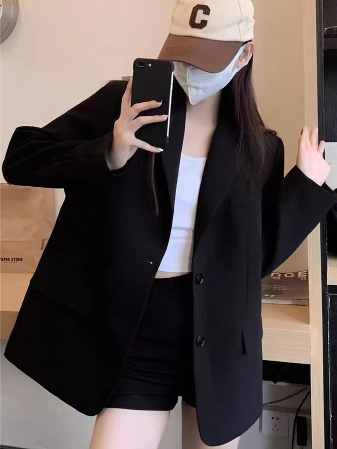 Black suit jacket for women 2023 spring and autumn new style small temperament silhouette loose large size casual suit top