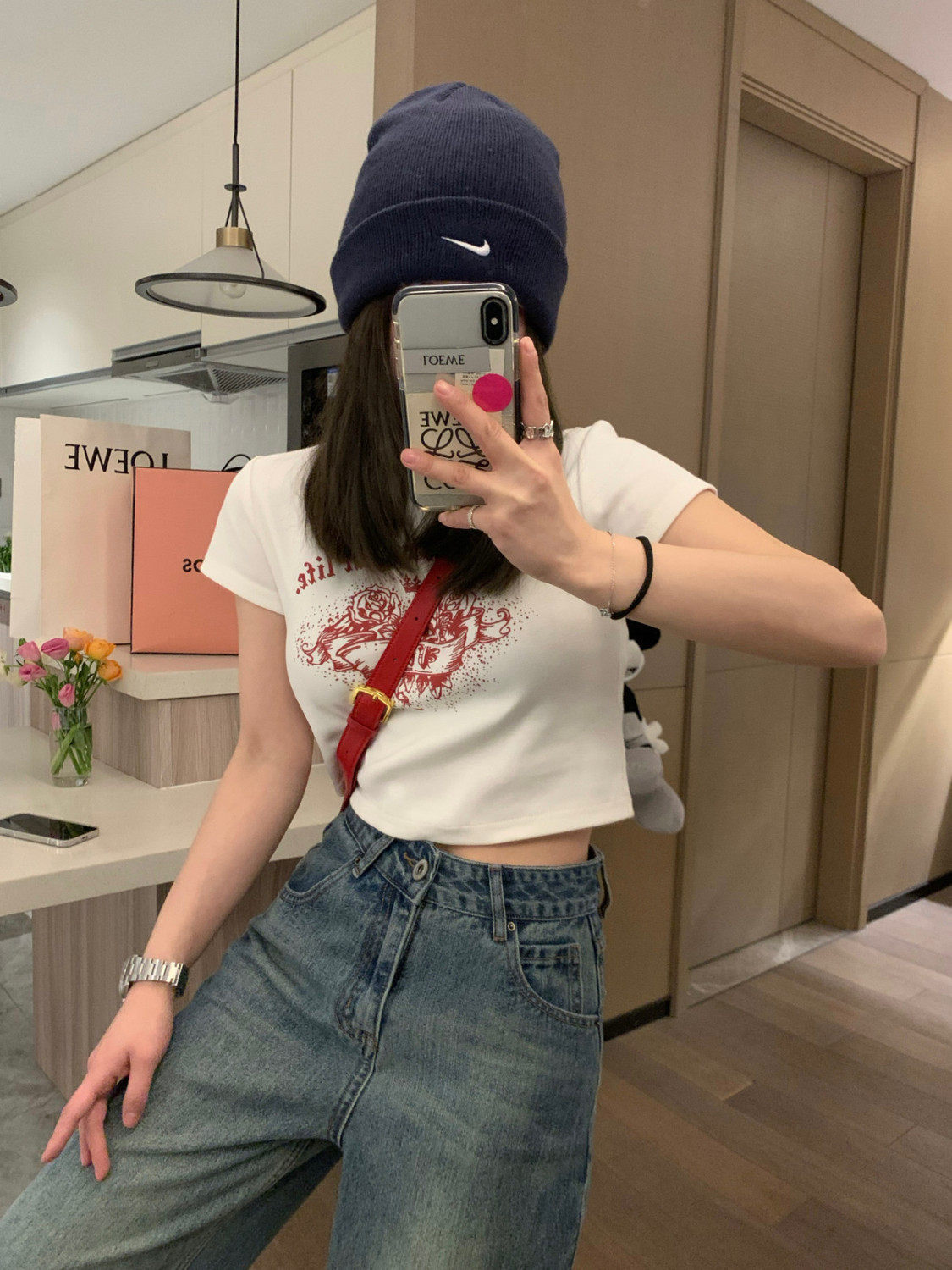 純棉白色正肩t恤女印花短袖夏季新款小眾別致顯瘦純欲短款上衣ins