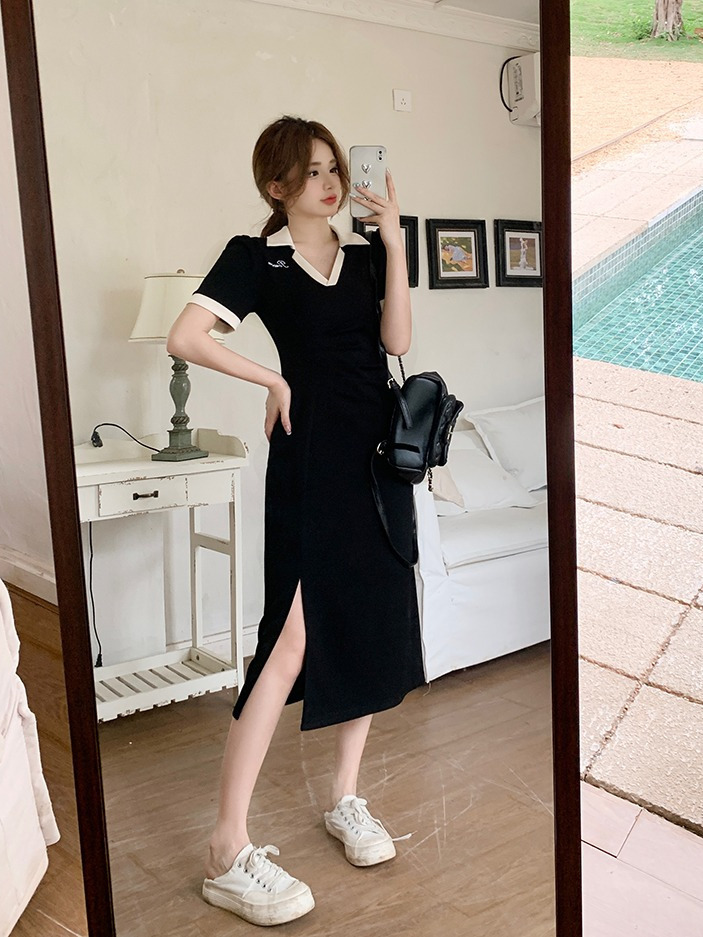 Large size black dress women's summer new slightly fat mm foreign style cover belly thin polo collar long skirt 200 catties