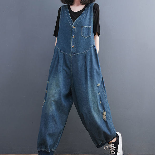 Retro personality ripped denim overalls women's bloomers high waist slimming cover meat reducing age cover belly jumpsuit pants