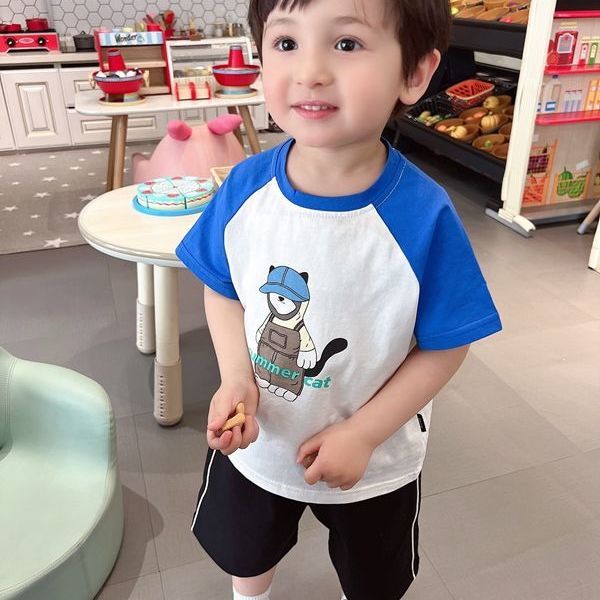 Combed elastic cotton boy raglan short-sleeved T-shirt 2022 summer children's baby all-match cartoon round neck top