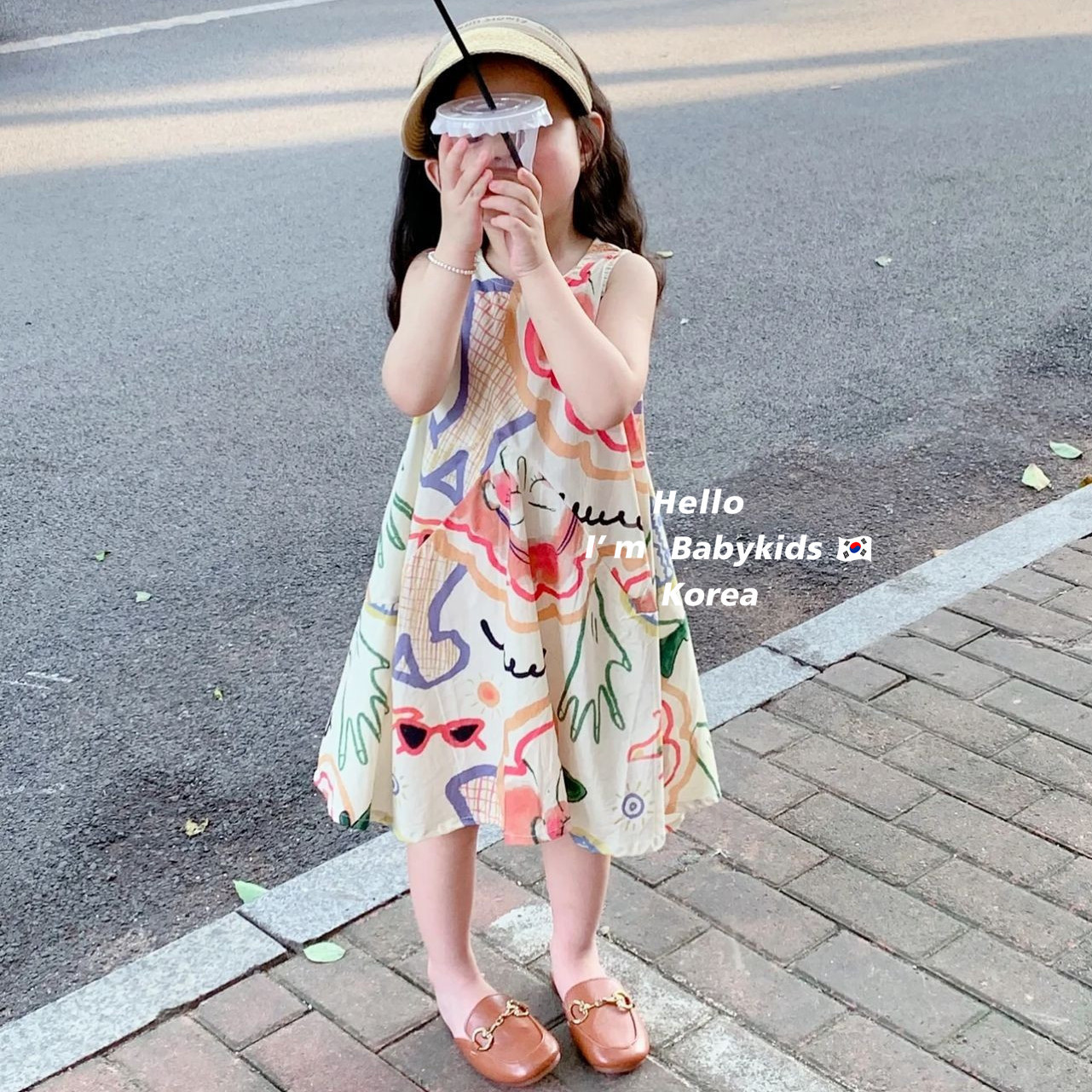 韓國童裝2023春季韓版女童森系印無袖背心裙兒童連衣裙寶寶棉布裙
