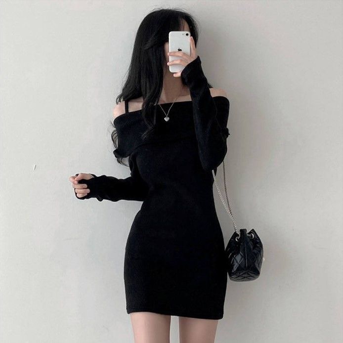 Korean chic autumn and winter small sexy off-the-shoulder sling lapel slim-fit ribbed knit dress bag hip skirt