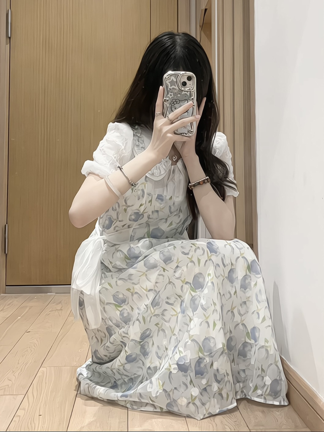 College style fake two-piece doll collar floral dress girl student Japanese sweet tie waist waist age reduction A-line skirt