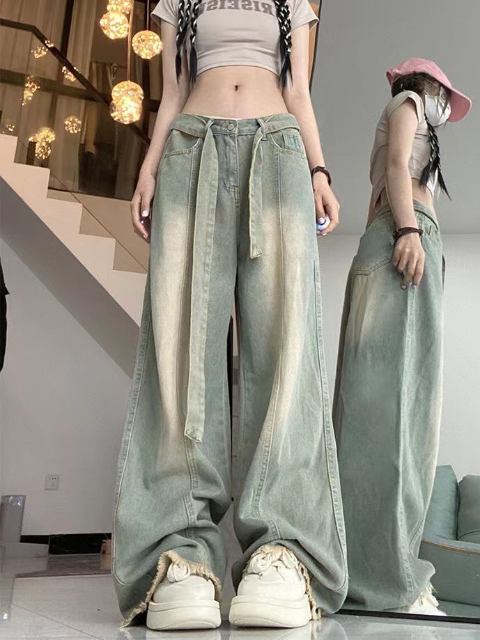 美式復古牛仔褲女新款春夏做舊綁帶設計感ins風水洗顯瘦闊腿長褲