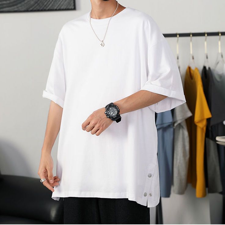 Side-breasted t-shirt men's summer new bf Harajuku short-sleeved couple trend all-match loose casual five-point T-shirt
