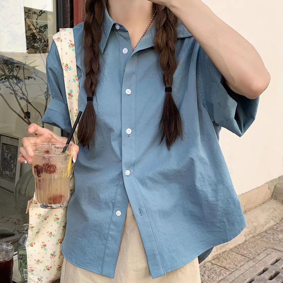 霧霾藍純棉短袖襯衫女高級感別致漂亮小衫韓系設計感小眾襯衣開衫