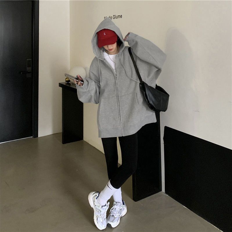 88701-纯色韩版通勤卫衣女oversize灰色连帽卫衣拉链外套女ins潮上衣-详情图