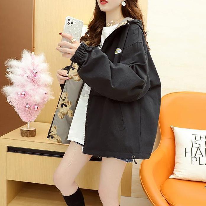 Double-sided wear coat bear print Korean all-match new foreign style junior high school students girls spring and autumn loose windbreaker