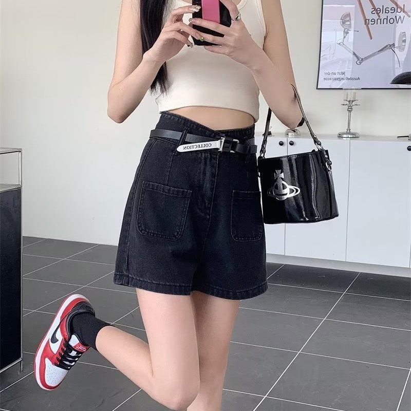 High-waisted black denim shorts for women summer 2023 new style a-line loose slimming hot girl hot pants outer wear pants