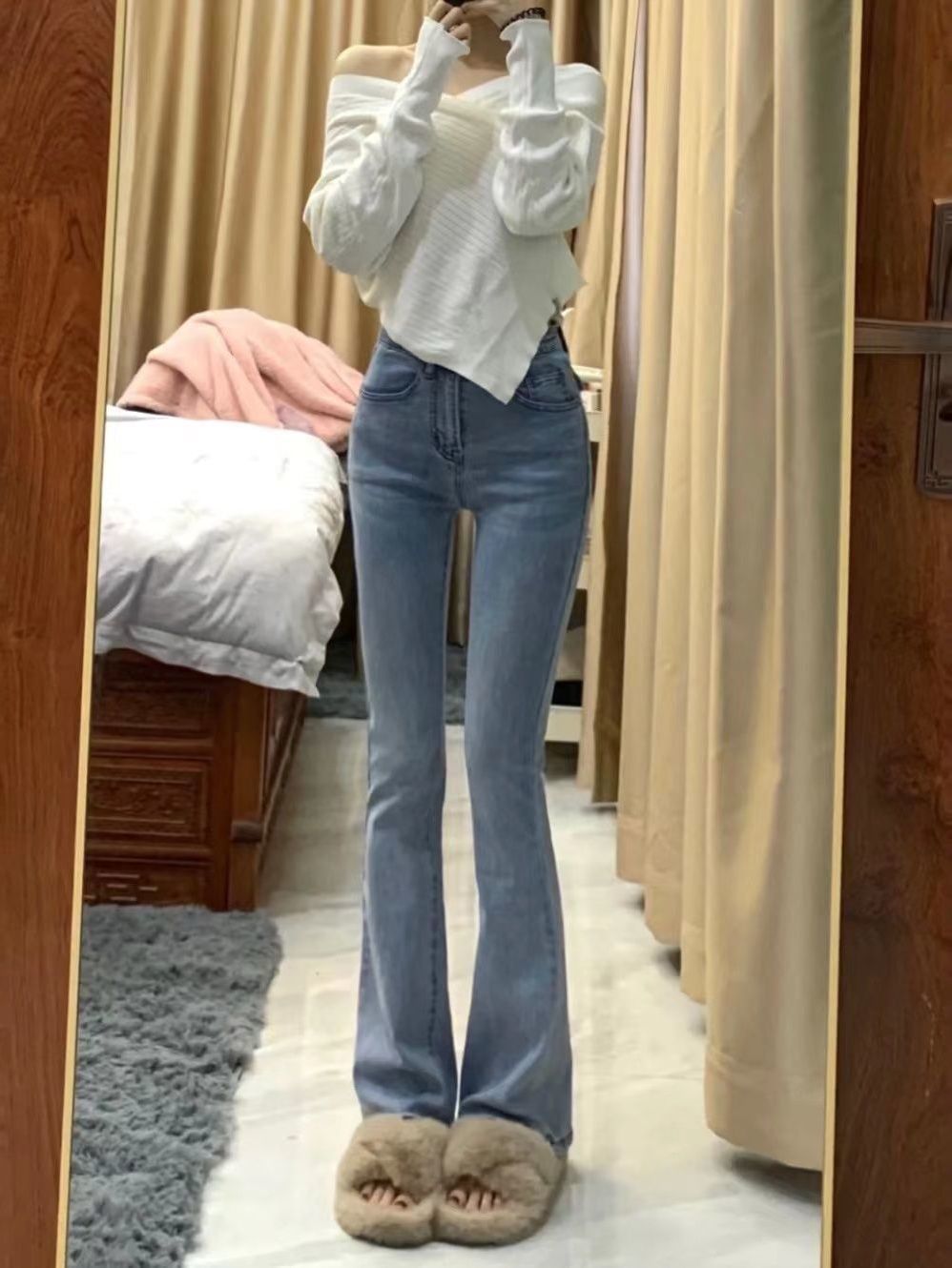 淺色顯瘦喇叭褲微喇女2023春夏新款大碼胖mm高腰百搭彈力牛仔褲子