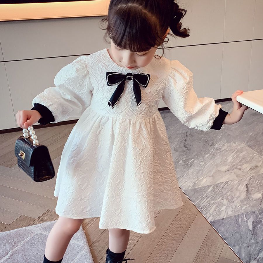 女童連衣裙秋裝兒童長袖裙2021新款女寶白色壓花小女孩法式公主裙