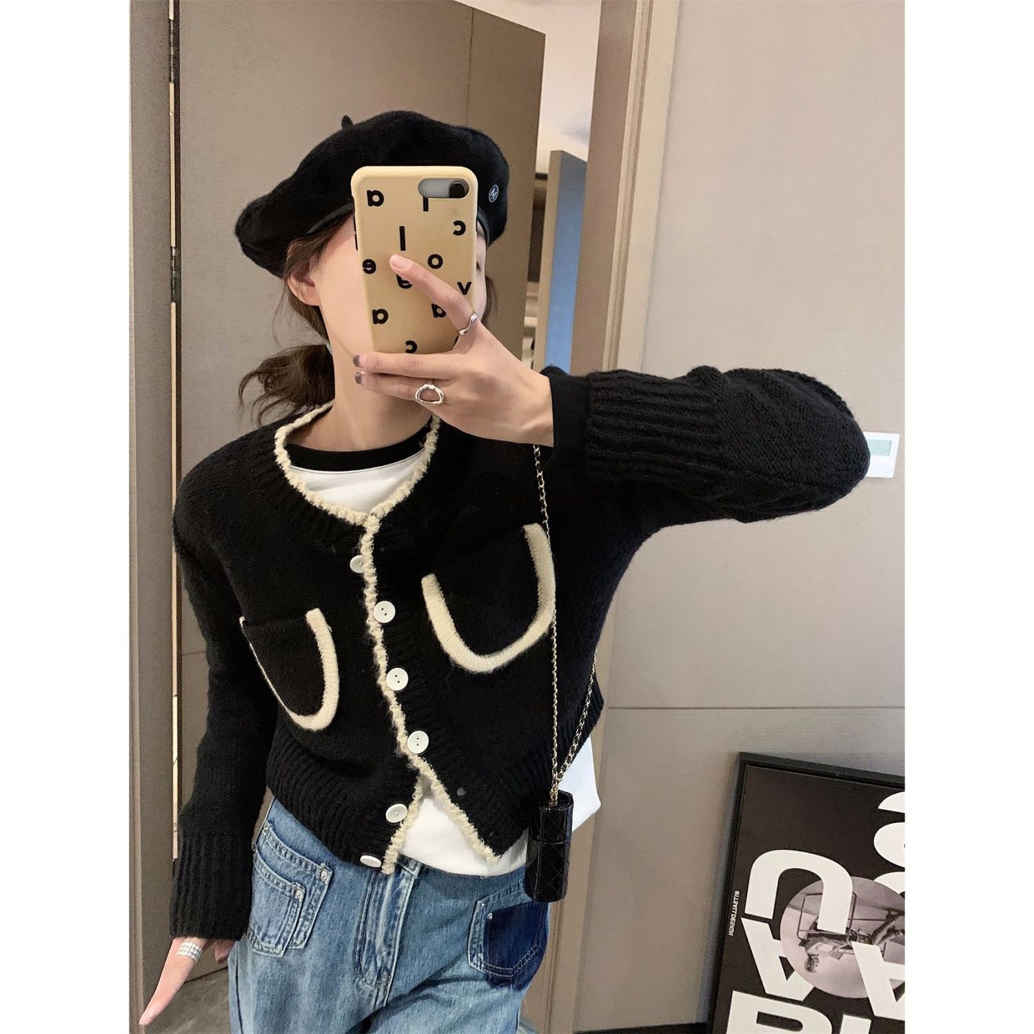 早秋甜美小香風口袋針織開衫韓版氣質簡約百搭寬鬆毛衣女外套上衣