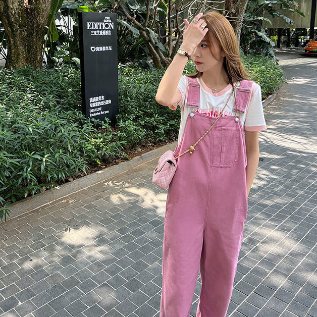 Salt pink denim overalls female summer student high waist loose slimming age-reducing American retro jumpsuit trousers
