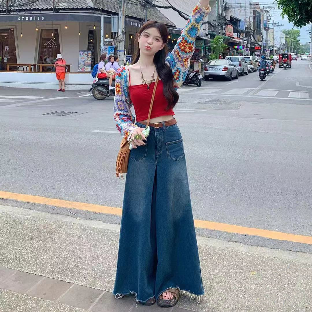 秋季新款設計感寬鬆港味復古高腰牛仔褲女顯瘦垂感闊腿拖地長褲潮