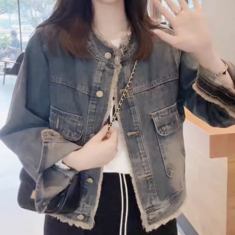 韓版立領水洗牛仔外套女2023秋冬新款設計感流蘇毛邊顯瘦氣質上衣