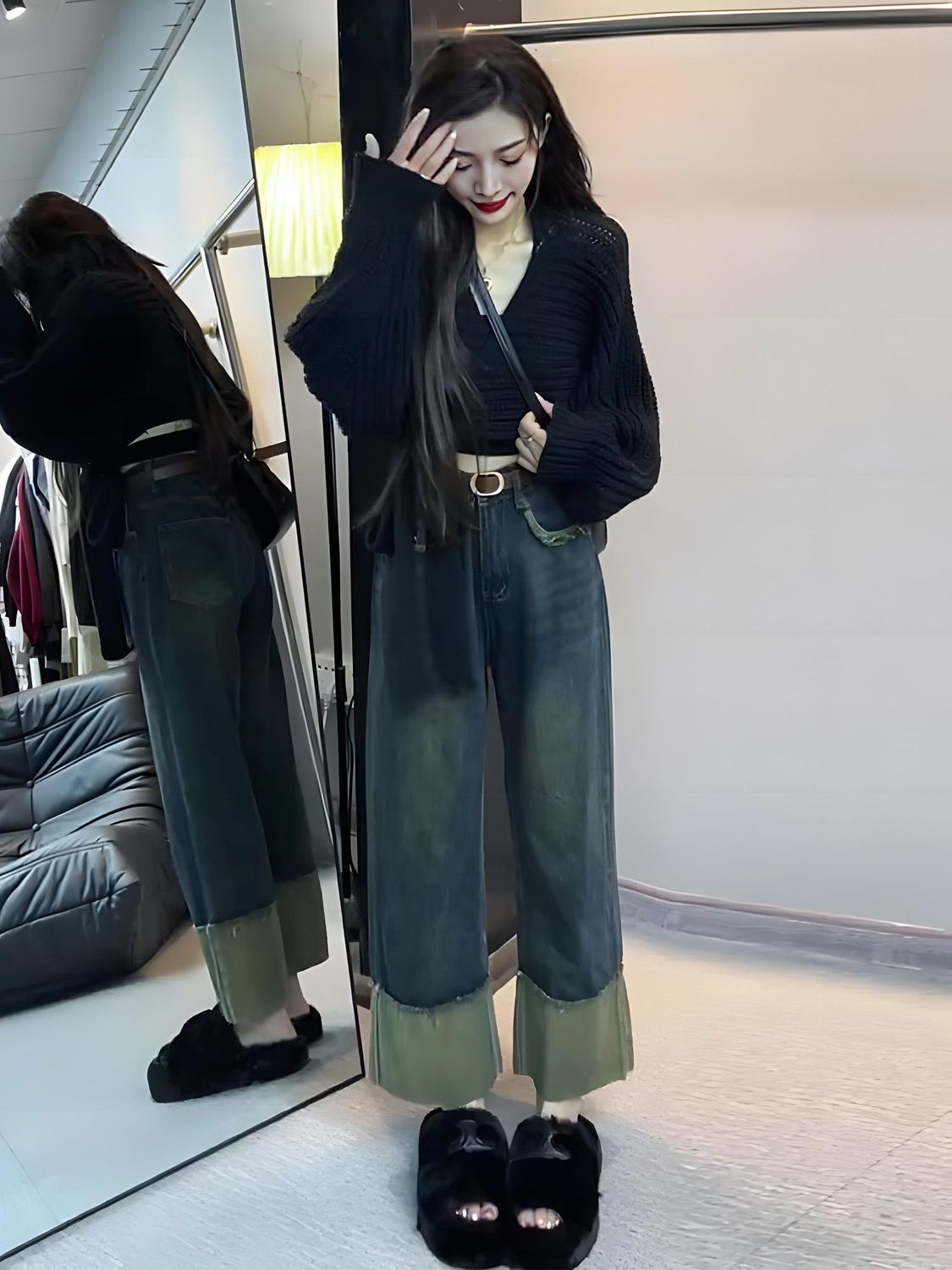 復古藍翻邊闊腿牛仔褲女2023春秋新款高腰寬鬆顯瘦直筒九分煙管褲