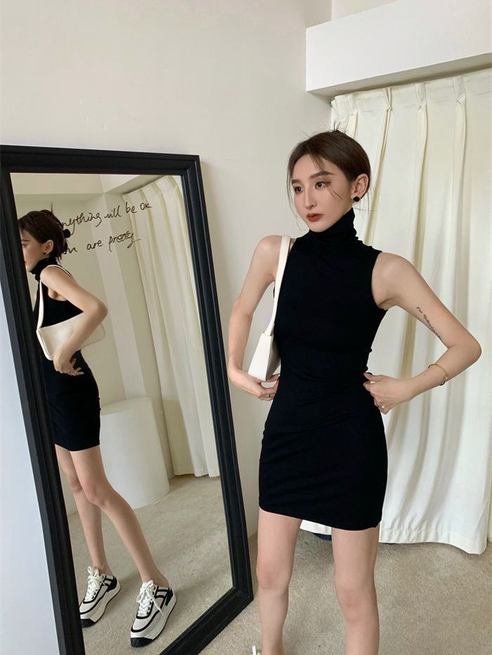 Black sleeveless half-high collar dress women's clothing summer 2022 new hot girl waist skirt sexy hip skirt skirt