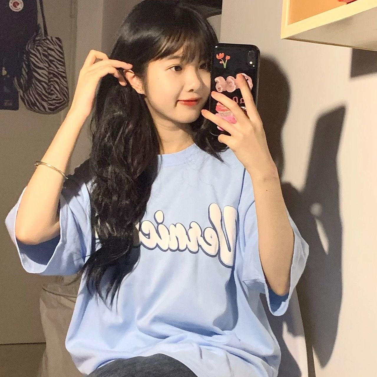 Milk blue salt short-sleeved female print  summer new Korean version loose college style sweet cool top T-shirt ins