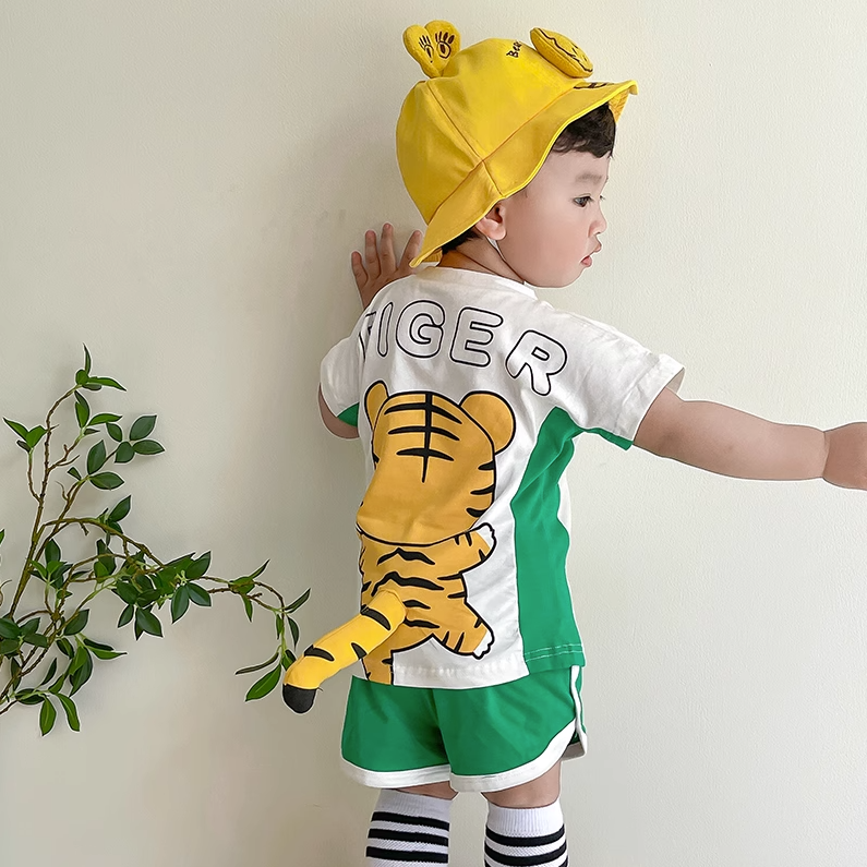 2023 summer boys' clothes short-sleeved shorts pure cotton two-piece baby summer clothes super cute little tiger children's suit