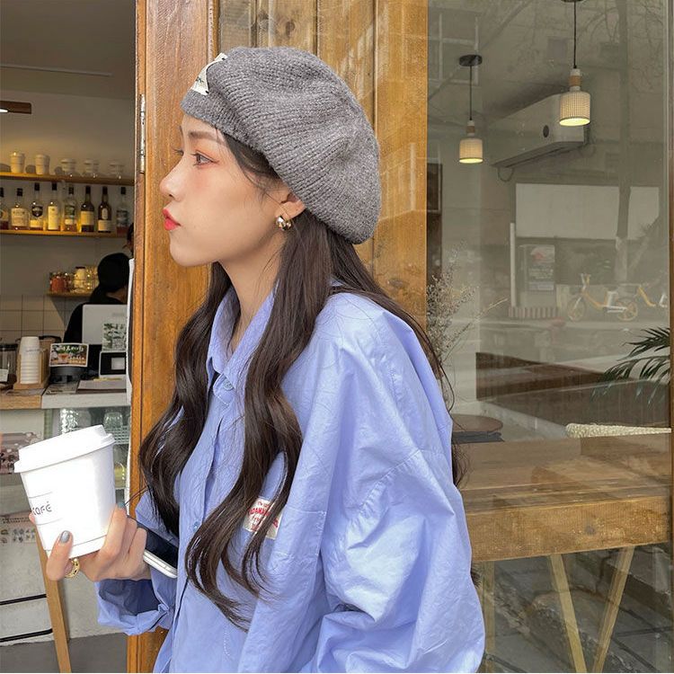 韩国贴布字母针织贝雷帽女秋冬保暖画家帽设计师款毛线帽蓓蕾帽潮