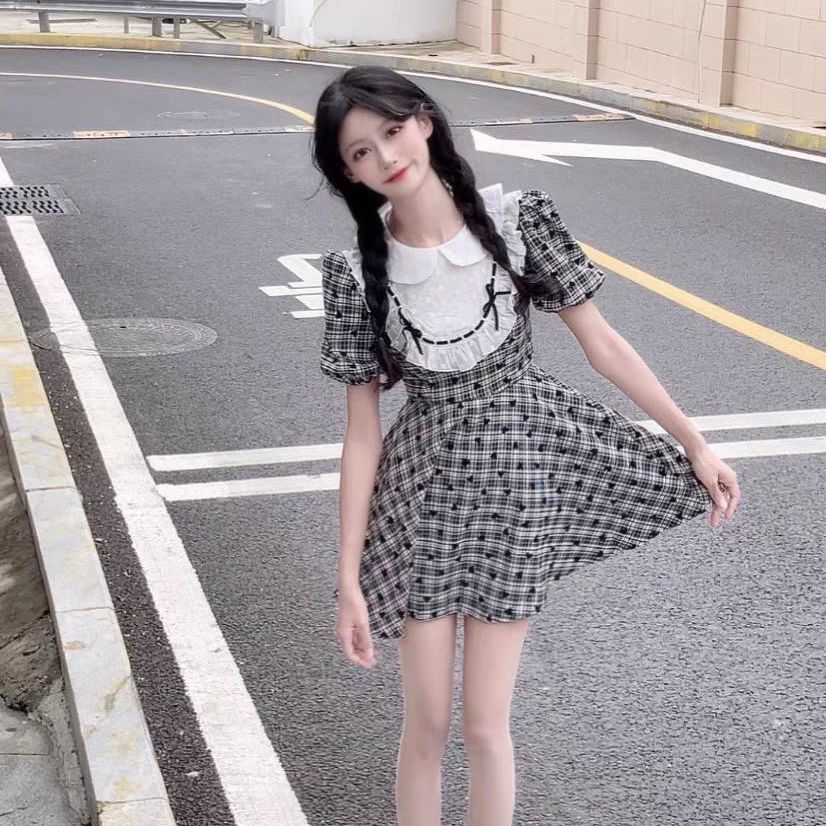 Ju Jingyi's same dress doll collar high waist slim plaid skirt with waist small fresh sweet sweet age-reducing A-line skirt